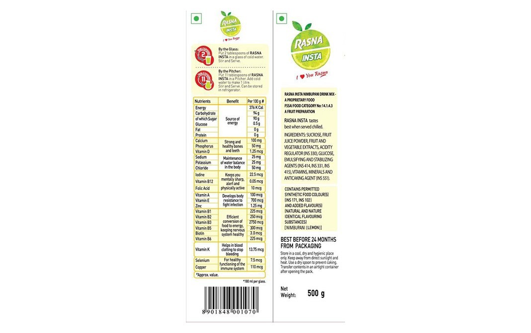 Rasna Insta - Instant Nimbupani (Lemon)    Box  500 grams